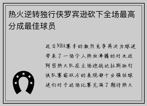 热火逆转独行侠罗宾逊砍下全场最高分成最佳球员