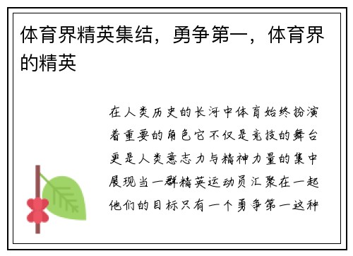 体育界精英集结，勇争第一，体育界的精英