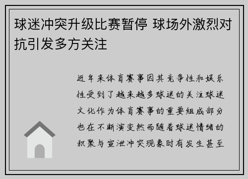 球迷冲突升级比赛暂停 球场外激烈对抗引发多方关注