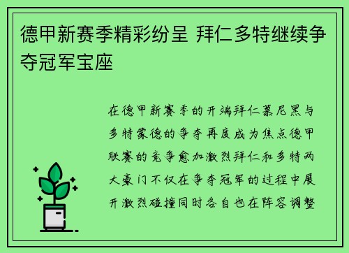 德甲新赛季精彩纷呈 拜仁多特继续争夺冠军宝座
