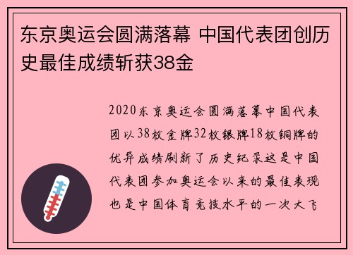 东京奥运会圆满落幕 中国代表团创历史最佳成绩斩获38金