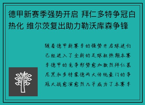 德甲新赛季强势开启 拜仁多特争冠白热化 维尔茨复出助力勒沃库森争锋